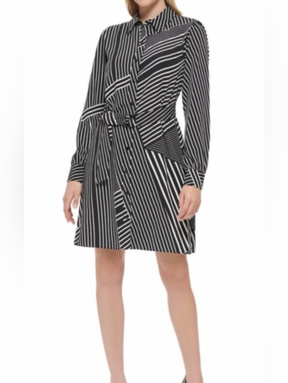 Karl Lagerfeld Black and White Striped Long-Sleeve Shirt Dress with Tie Waist